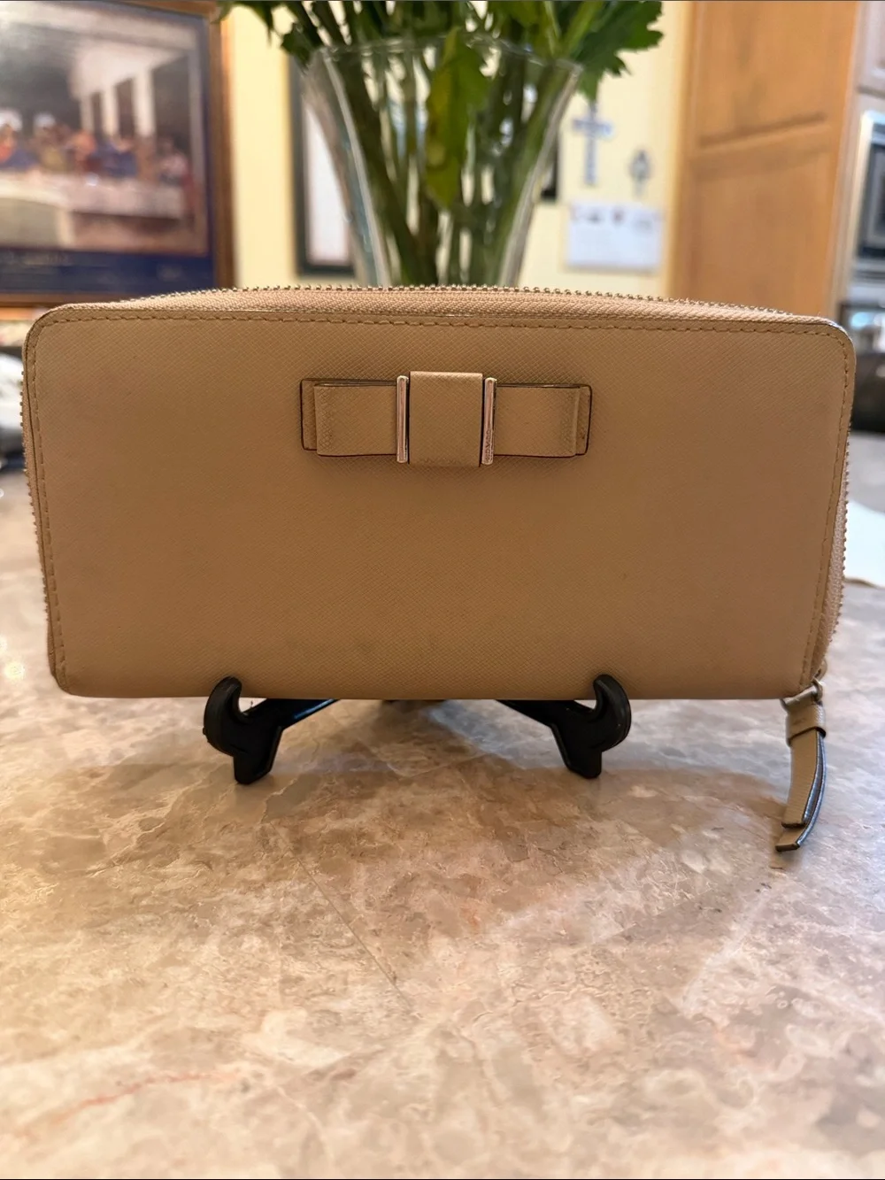 Coach Beige Taupe Leather Wallet with Bow Accent full zip